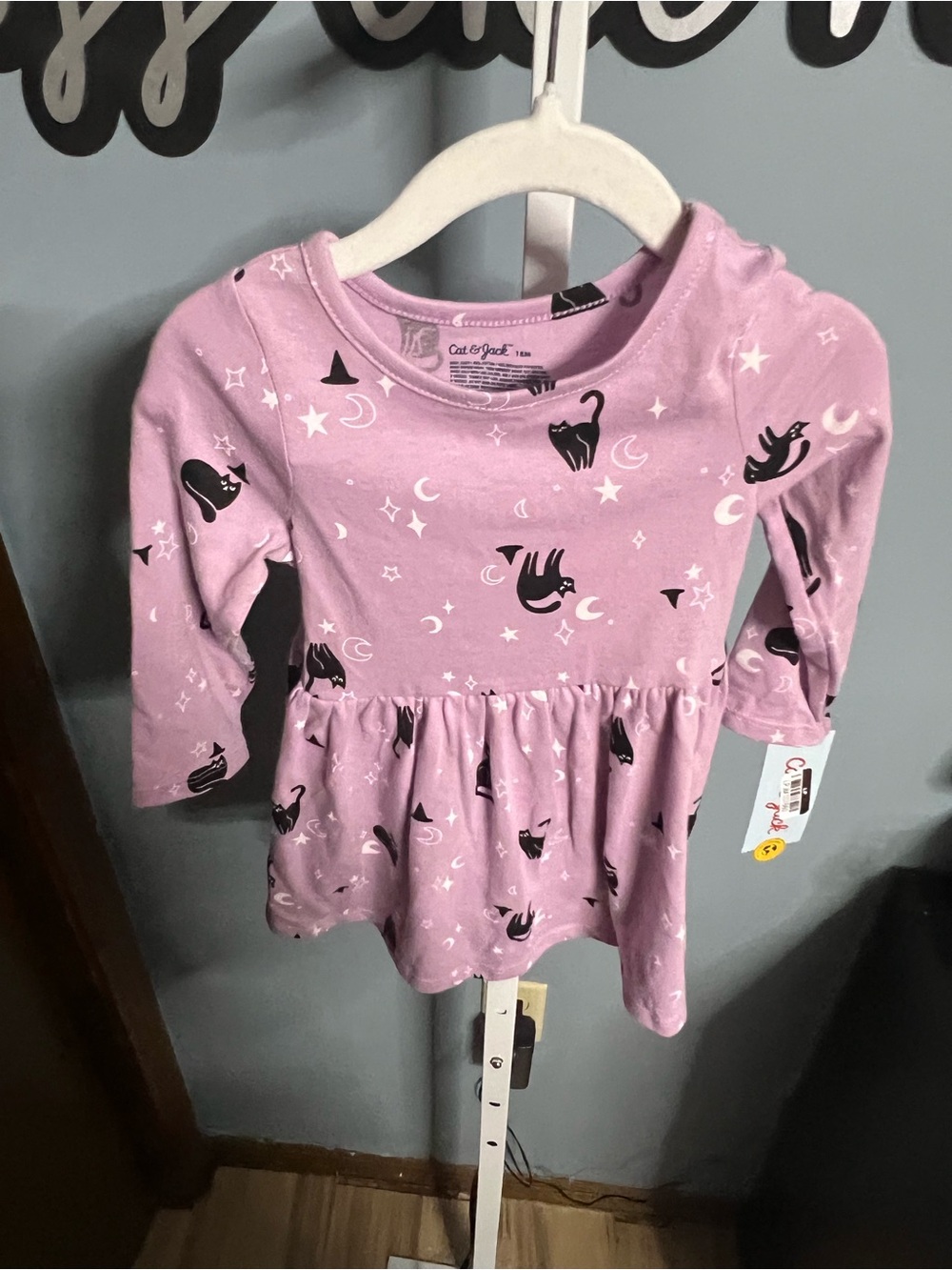 Cat & Jack Pink Long-Sleeve Dress with Black Cat & Moon Print and Diaper Cover